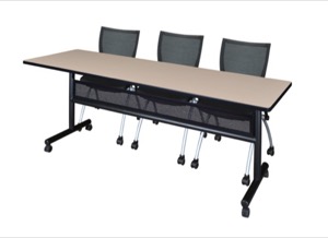 84" x 24" Flip Top Mobile Training Table with Modesty Panel - Beige and 3 Apprentice Nesting Chairs