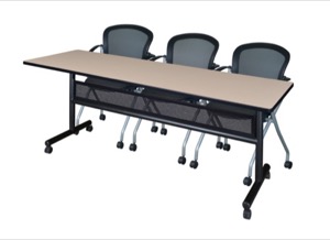 84" x 24" Flip Top Mobile Training Table with Modesty Panel - Beige and 3 Cadence Nesting Chairs