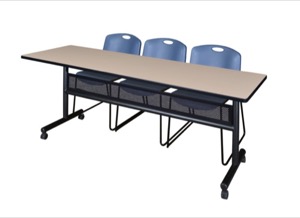 84" x 24" Flip Top Mobile Training Table with Modesty Panel - Beige and 3 Zeng Stack Chairs - Blue