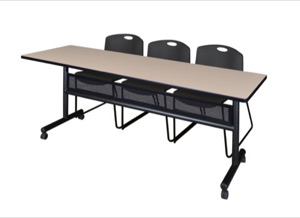 84" x 24" Flip Top Mobile Training Table with Modesty Panel - Beige and 3 Zeng Stack Chairs - Black