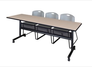 84" x 24" Flip Top Mobile Training Table with Modesty Panel - Beige and 3 Zeng Stack Chairs - Grey