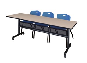 84" x 24" Flip Top Mobile Training Table with Modesty Panel - Beige and 3 "M" Stack Chairs - Blue