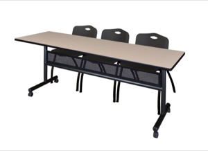84" x 24" Flip Top Mobile Training Table with Modesty Panel - Beige and 3 "M" Stack Chairs - Black