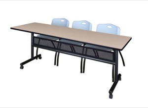 84" x 24" Flip Top Mobile Training Table with Modesty Panel - Beige and 3 "M" Stack Chairs - Grey