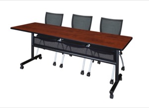 84" x 24" Flip Top Mobile Training Table with Modesty Panel - Cherry and 3 Apprentice Nesting Chairs