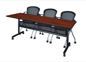 84" x 24" Flip Top Mobile Training Table with Modesty Panel - Cherry and 3 Cadence Nesting Chairs