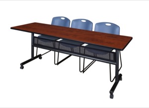 84" x 24" Flip Top Mobile Training Table with Modesty Panel - Cherry and 3 Zeng Stack Chairs - Blue