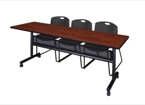 84" x 24" Flip Top Mobile Training Table with Modesty Panel - Cherry and 3 Zeng Stack Chairs - Black