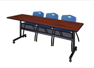 84" x 24" Flip Top Mobile Training Table with Modesty Panel - Cherry and 3 "M" Stack Chairs - Blue