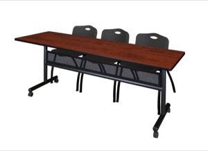 84" x 24" Flip Top Mobile Training Table with Modesty Panel - Cherry and 3 "M" Stack Chairs - Black
