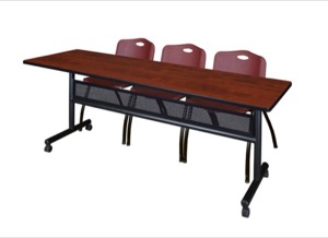84" x 24" Flip Top Mobile Training Table with Modesty Panel - Cherry and 3 "M" Stack Chairs - Burgundy