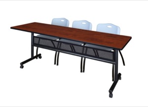 84" x 24" Flip Top Mobile Training Table with Modesty Panel - Cherry and 3 "M" Stack Chairs - Grey