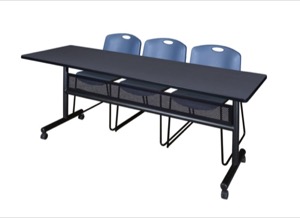 84" x 24" Flip Top Mobile Training Table with Modesty Panel - Grey and 3 Zeng Stack Chairs - Blue
