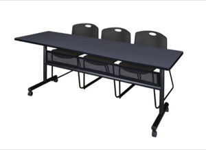 84" x 24" Flip Top Mobile Training Table with Modesty Panel - Grey and 3 Zeng Stack Chairs - Black