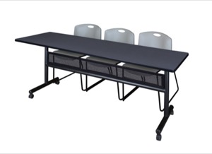 84" x 24" Flip Top Mobile Training Table with Modesty Panel - Grey and 3 Zeng Stack Chairs - Grey