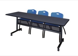 84" x 24" Flip Top Mobile Training Table with Modesty Panel - Grey and 3 "M" Stack Chairs - Blue