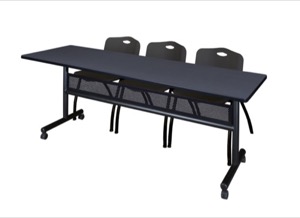 84" x 24" Flip Top Mobile Training Table with Modesty Panel - Grey and 3 "M" Stack Chairs - Black