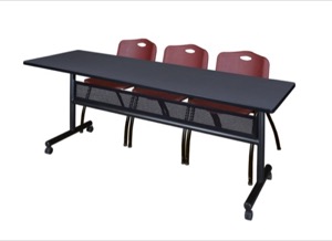 84" x 24" Flip Top Mobile Training Table with Modesty Panel - Grey and 3 "M" Stack Chairs - Burgundy