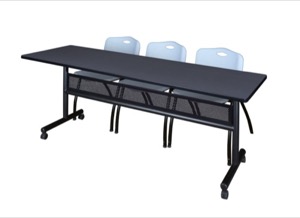84" x 24" Flip Top Mobile Training Table with Modesty Panel - Grey and 3 "M" Stack Chairs - Grey