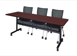 84" x 24" Flip Top Mobile Training Table with Modesty Panel - Mahogany and 3 Apprentice Nesting Chairs