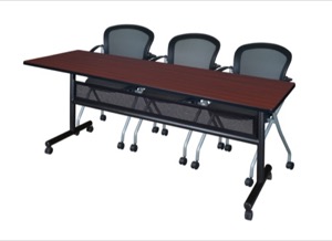 84" x 24" Flip Top Mobile Training Table with Modesty Panel - Mahogany and 3 Cadence Nesting Chairs