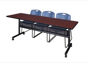84" x 24" Flip Top Mobile Training Table with Modesty Panel - Mahogany and 3 Zeng Stack Chairs - Blue