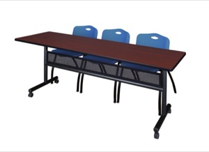 84" x 24" Flip Top Mobile Training Table with Modesty Panel - Mahogany and 3 "M" Stack Chairs - Blue