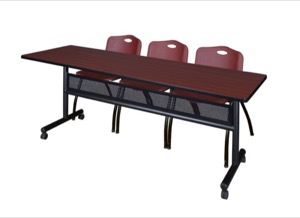 84" x 24" Flip Top Mobile Training Table with Modesty Panel - Mahogany and 3 "M" Stack Chairs - Burgundy