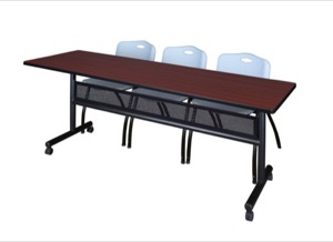 84" x 24" Flip Top Mobile Training Table with Modesty Panel - Mahogany and 3 "M" Stack Chairs - Grey