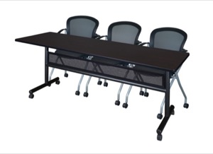 84" x 24" Flip Top Mobile Training Table with Modesty Panel - Mocha Walnut and 3 Cadence Nesting Chairs