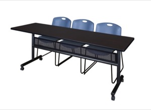 84" x 24" Flip Top Mobile Training Table with Modesty Panel - Mocha Walnut and 3 Zeng Stack Chairs - Blue