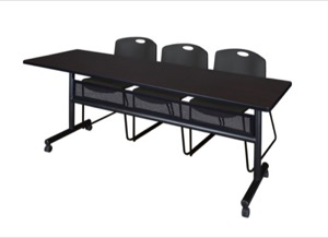 84" x 24" Flip Top Mobile Training Table with Modesty Panel - Mocha Walnut and 3 Zeng Stack Chairs - Black