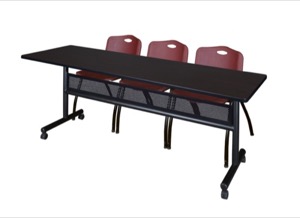 84" x 24" Flip Top Mobile Training Table with Modesty Panel - Mocha Walnut and 3 "M" Stack Chairs - Burgundy