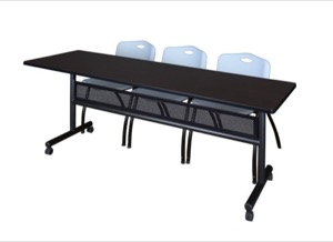 84" x 24" Flip Top Mobile Training Table with Modesty Panel - Mocha Walnut and 3 "M" Stack Chairs - Grey