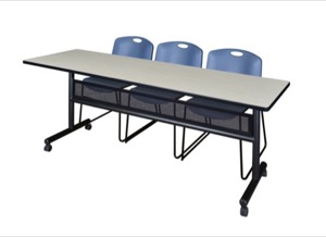 84" x 24" Flip Top Mobile Training Table with Modesty Panel - Maple and 3 Zeng Stack Chairs - Blue