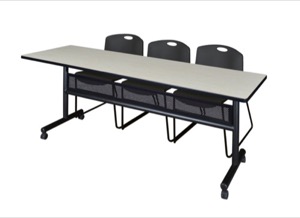 84" x 24" Flip Top Mobile Training Table with Modesty Panel - Maple and 3 Zeng Stack Chairs - Black