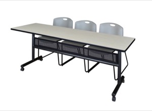 84" x 24" Flip Top Mobile Training Table with Modesty Panel - Maple and 3 Zeng Stack Chairs - Grey