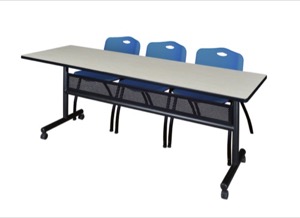 84" x 24" Flip Top Mobile Training Table with Modesty Panel - Maple and 3 "M" Stack Chairs - Blue