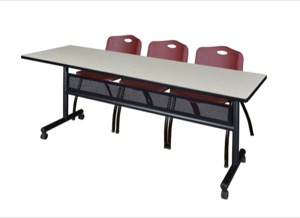84" x 24" Flip Top Mobile Training Table with Modesty Panel - Maple and 3 "M" Stack Chairs - Burgundy