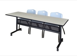84" x 24" Flip Top Mobile Training Table with Modesty Panel - Maple and 3 "M" Stack Chairs - Grey