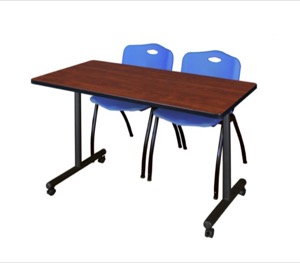 48" x 24" Kobe T-Base Mobile Training Table - Cherry & 2 'M' Stack Chairs - Blue