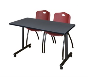 48" x 24" Kobe T-Base Mobile Training Table - Grey & 2 'M' Stack Chairs - Burgundy