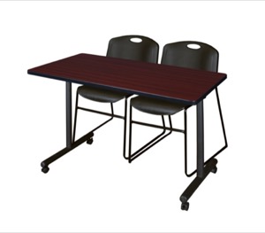48" x 24" Kobe T-Base Mobile Training Table - Mahogany & 2 Zeng Stack Chairs - Black
