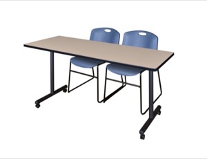 60" x 24" Kobe T-Base Mobile Training Table - Beige & 2 Zeng Stack Chairs - Blue