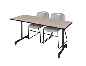 60" x 24" Kobe T-Base Mobile Training Table - Beige & 2 Zeng Stack Chairs - Grey