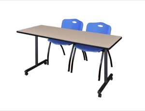 60" x 24" Kobe T-Base Mobile Training Table - Beige & 2 'M' Stack Chairs - Blue