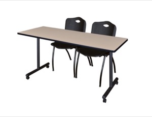 60" x 24" Kobe T-Base Mobile Training Table - Beige & 2 'M' Stack Chairs - Black