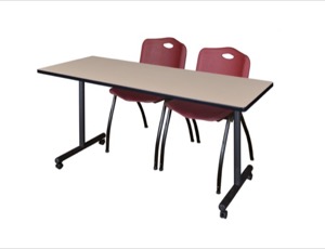 60" x 24" Kobe T-Base Mobile Training Table - Beige & 2 'M' Stack Chairs - Burgundy