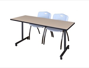 60" x 24" Kobe T-Base Mobile Training Table - Beige & 2 'M' Stack Chairs - Grey