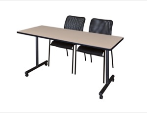 60" x 24" Kobe T-Base Mobile Training Table - Beige & 2 Mario Stack Chairs - Black